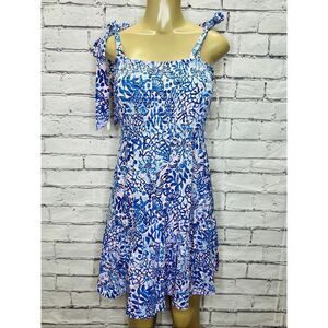 Lilly Pulitzer Womens Blue Pink Floral Stretch Kailua Smocked Midi Dress Medium